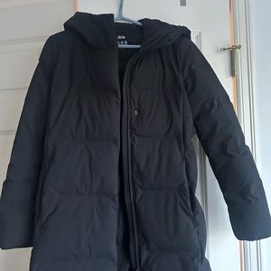 Long, black Uniqlo puffer jacket
